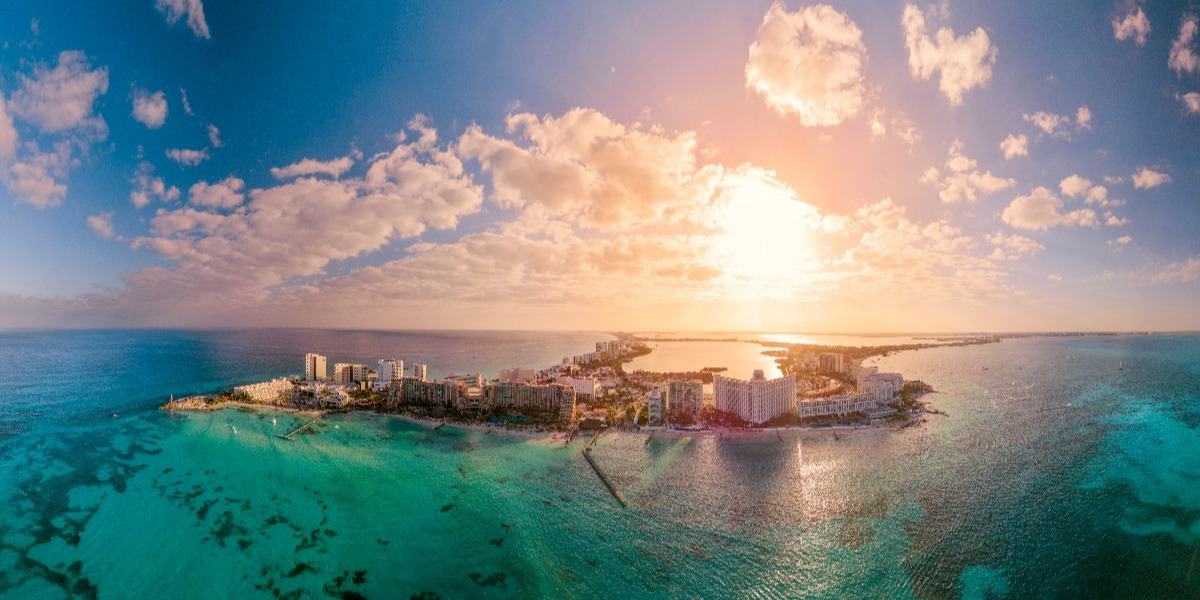 Aerial view of the sunset in Cancun's hotel zone.
